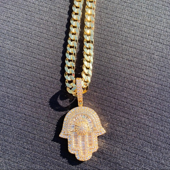 Gold Chain Cuban 20in 7mm and Icy Hamsa Pendant Set - Picture 5 of 7